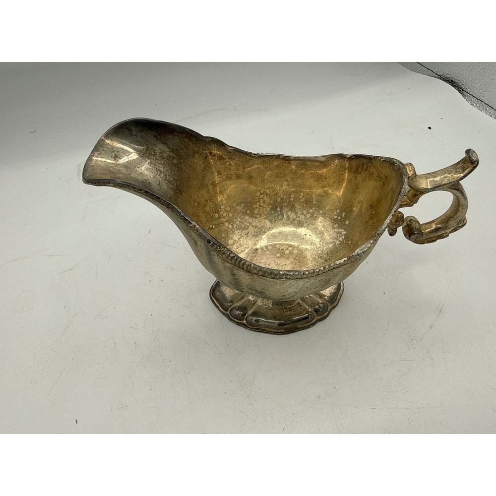 Vintage Silver Plated Footed Gravy Boat Scrolled Handle Tarnished Scalloped Base